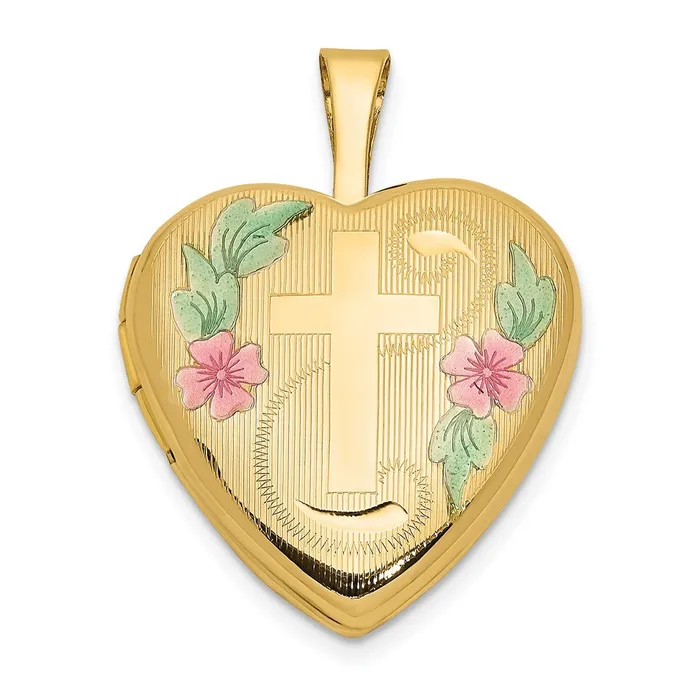 Necklaces 14k Yellow Gold 16mm with Enamel Floral Cross Heart Locket TreasureFineJewelers Necklaces 14k Yellow Gold 16mm with Enamel Floral Cross Heart Locket TreasureFineJewelers
