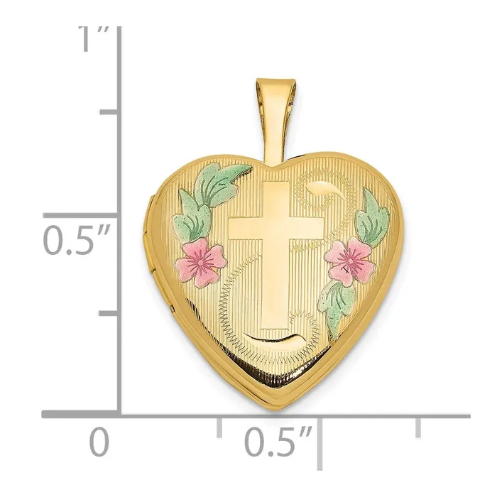 Necklaces 14k Yellow Gold 16mm with Enamel Floral Cross Heart Locket TreasureFineJewelers