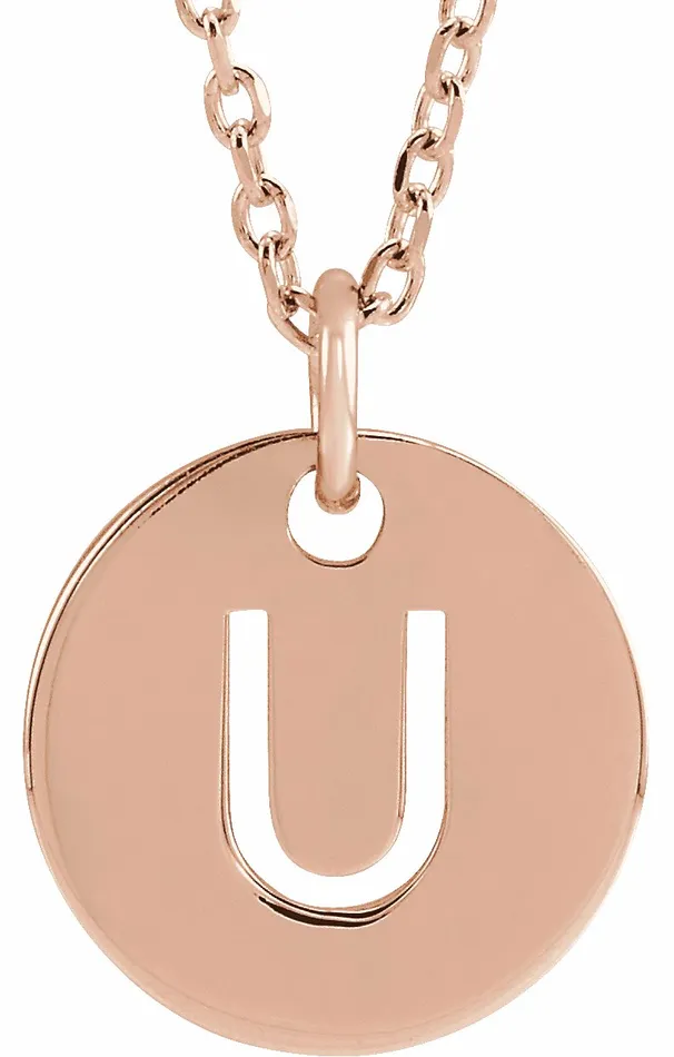 Necklaces 18K Rose GoldPlated Sterling Silver Initial U 10 mm Disc 1618 Necklace TreasureFineJewelers