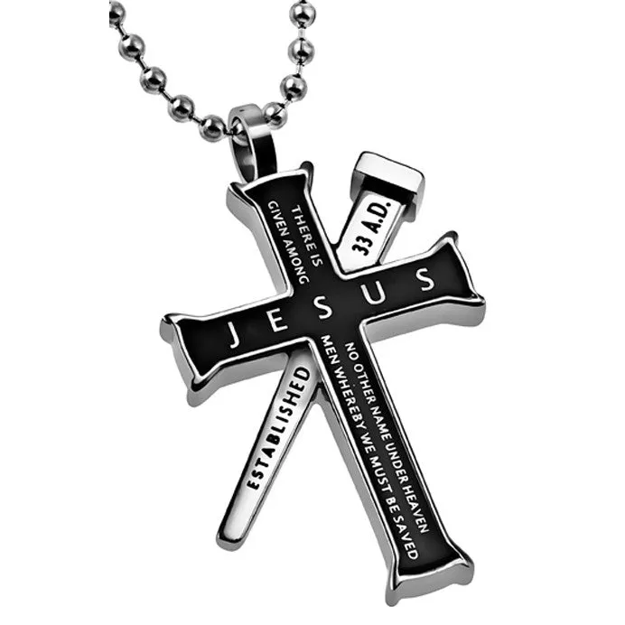 Necklaces North Arrow Shop ACTS 412 Black Cross and Nail Necklace with Bible Verse Stainless Steel