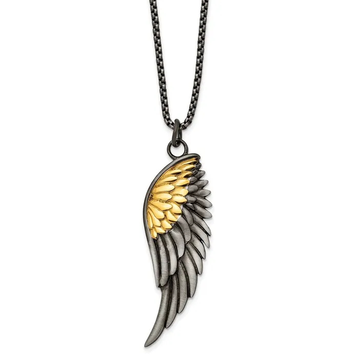 Necklaces Stainless Steel Brushed Yellow IPplated Wing 24in Necklace TreasureFineJewelers