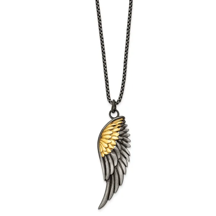 Necklaces Stainless Steel Brushed Yellow IPplated Wing 24in Necklace TreasureFineJewelers