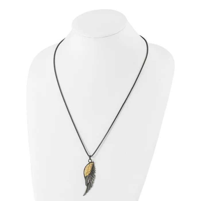 Necklaces Stainless Steel Brushed Yellow IPplated Wing 24in Necklace TreasureFineJewelers