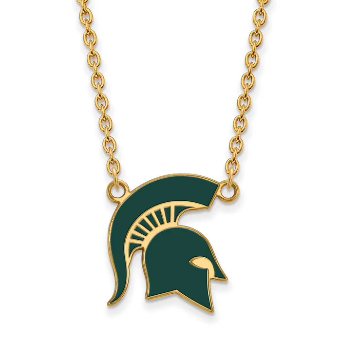 Necklaces Sterling Silver Goldplated Michigan State University Spartan Large Enameled Pendant 18 inch Necklace TreasureFineJewelers Necklaces Sterling Silver Goldplated Michigan State University Spartan Large Enameled Pendant 18 inch Necklace TreasureFineJewelers