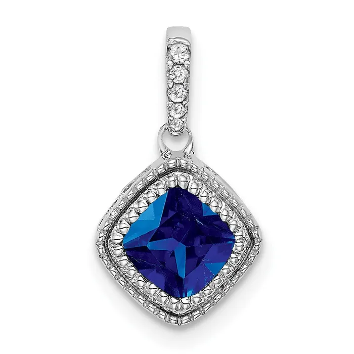 Necklaces TreasureFineJewelers 10k White Gold Cushion Sapphire and Diamond Pendant Necklaces TreasureFineJewelers 10k White Gold Cushion Sapphire and Diamond Pendant