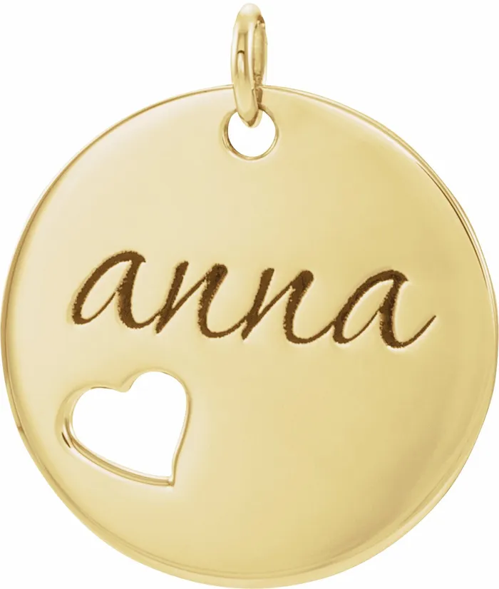 Necklaces TreasureFineJewelers 14K Yellow Gold Engravable Pierced Heart Disc Pendant