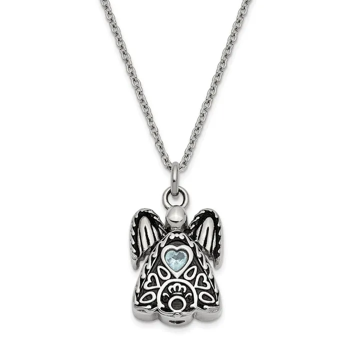 Necklaces TreasureFineJewelers Sentimental Expressions Stainless Steel Light Blue CZ March Birthstone Antiqued Angel Ash Holder 18 inch Necklace Necklaces TreasureFineJewelers Sentimental Expressions Stainless Steel Light Blue CZ March Birthstone Antiqued Angel Ash Holder 18 inch Necklace
