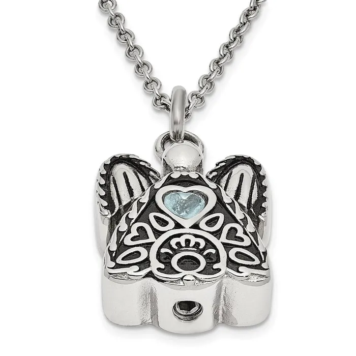 Necklaces TreasureFineJewelers Sentimental Expressions Stainless Steel Light Blue CZ March Birthstone Antiqued Angel Ash Holder 18 inch Necklace