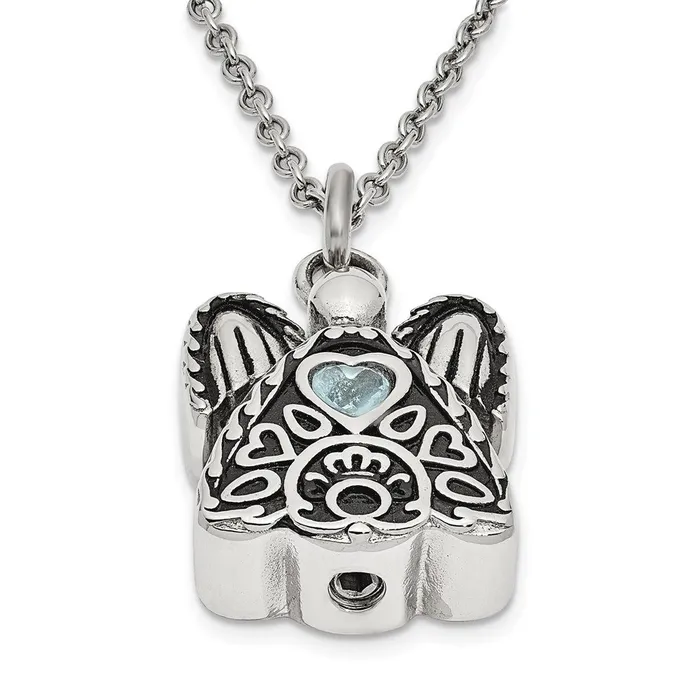 Necklaces TreasureFineJewelers Sentimental Expressions Stainless Steel Light Blue CZ March Birthstone Antiqued Angel Ash Holder 18 inch Necklace