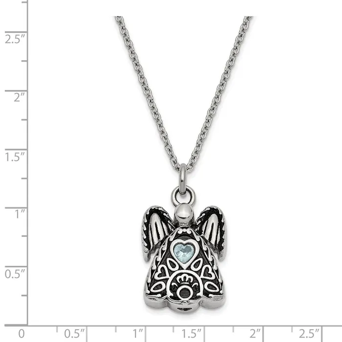 Necklaces TreasureFineJewelers Sentimental Expressions Stainless Steel Light Blue CZ March Birthstone Antiqued Angel Ash Holder 18 inch Necklace