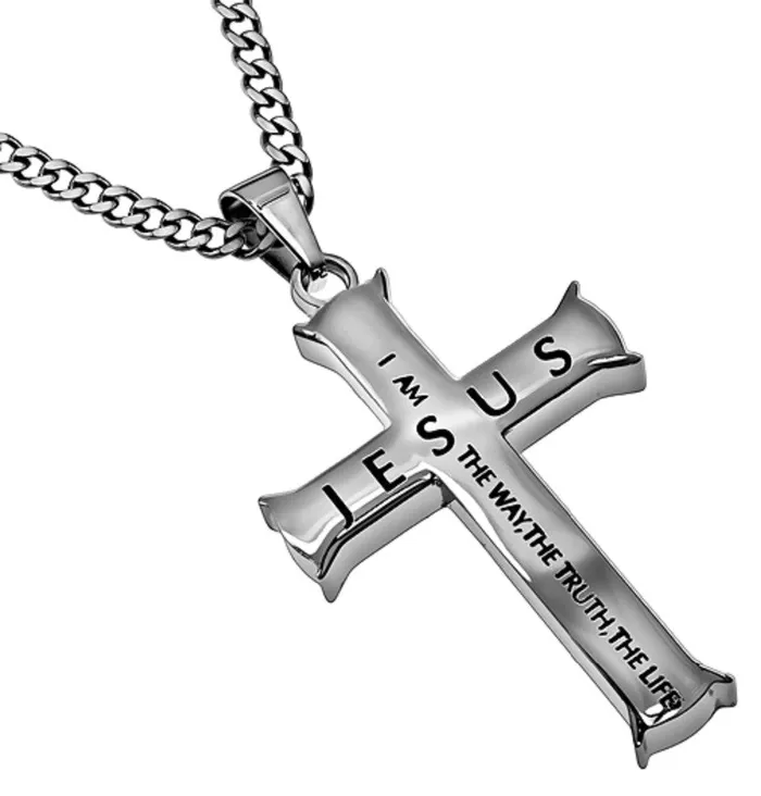 North Arrow Shop John 146 Necklace Cross Pendant WAY TRUTH LIFE Bible Verse Stainless Steel with Curb Chain Necklaces