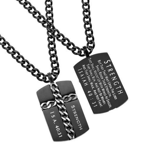 North Arrow Shop Necklaces Black Dog Tag Isaiah 4031 STRENGTH Christian Cross Necklace Steel Curb Chain