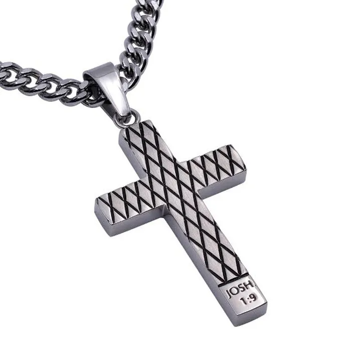 North Arrow Shop Necklaces Joshua 19 COURAGE Stainless Steel Cross Diamond Pattern Necklace