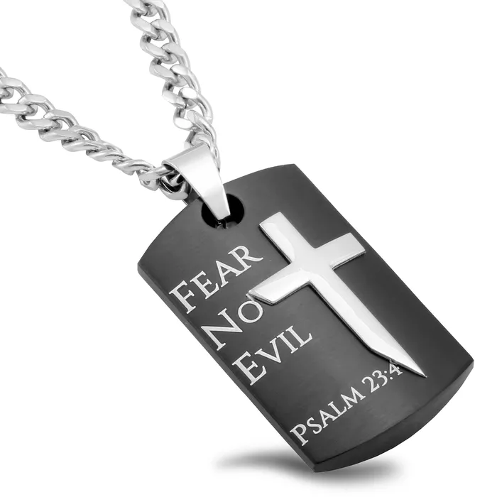 North Arrow Shop Necklaces PSALM 234 Black Dog Tag Cross Sword Necklace with Steel Curb Chain