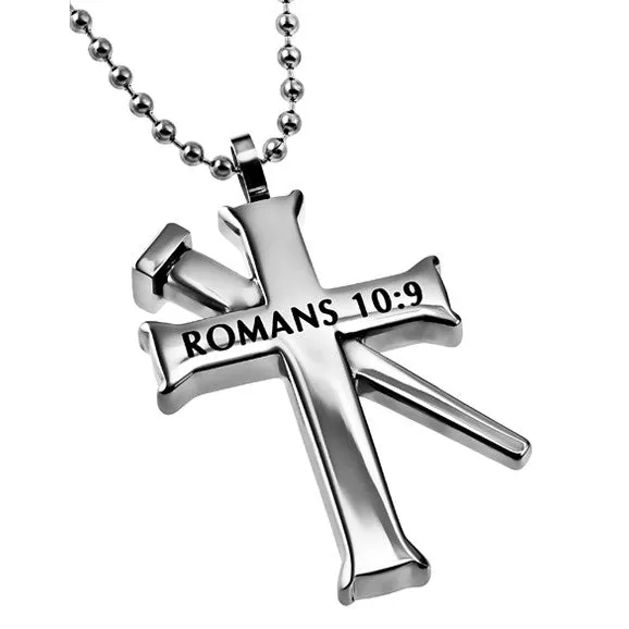 North Arrow Shop Necklaces ROMANS 109 Cross and Nail Necklace with Bible Verse Stainless Steel North Arrow Shop Necklaces ROMANS 109 Cross and Nail Necklace with Bible Verse Stainless Steel