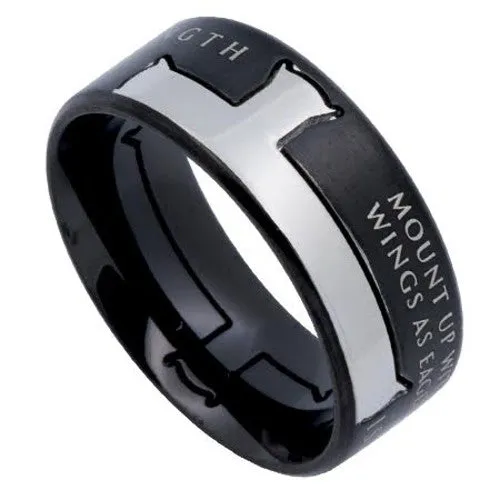 North Arrow Shop Rings Isaiah 4031 Cross Ring WINGS AS EAGLES Bible Verse Black Stainless Steel