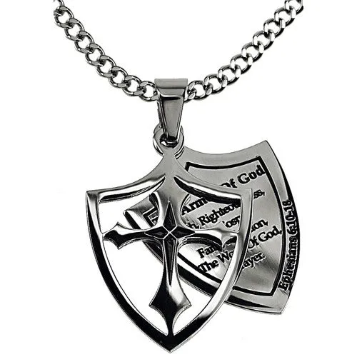 North Arrow Shop Shield of Faith Armor of God Necklace Ephesians 6 Christian Character Stainless Steel Curb Chain Necklaces