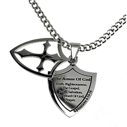 North Arrow Shop Shield of Faith Armor of God Necklace Ephesians 6 Christian Character Stainless Steel Curb Chain Necklaces