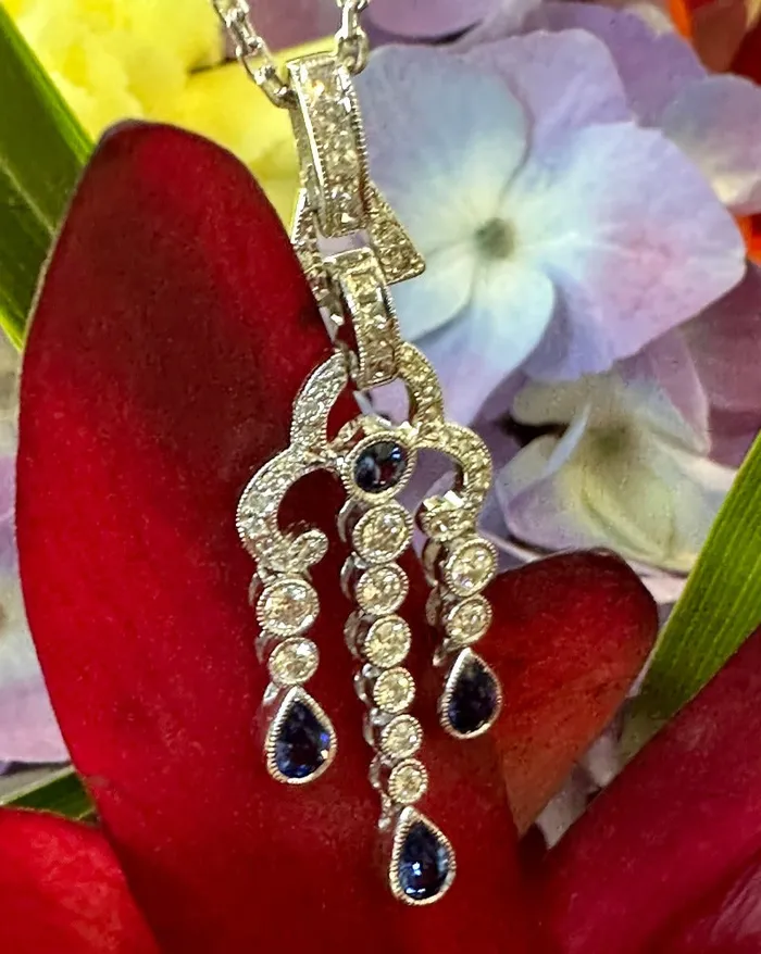 ONeills Estate Jewelry Necklaces 18 Karat White Gold Diamond Sapphire Pendant 14 Karat Chain 16000447 ONeills Estate Jewelry Necklaces 18 Karat White Gold Diamond Sapphire Pendant 14 Karat Chain 16000447
