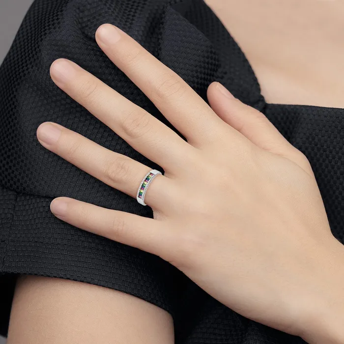 Prizma Sterling Silver Rhodiumplated Colorful Baguette and White CZ Ring TreasureFineJewelers Rings