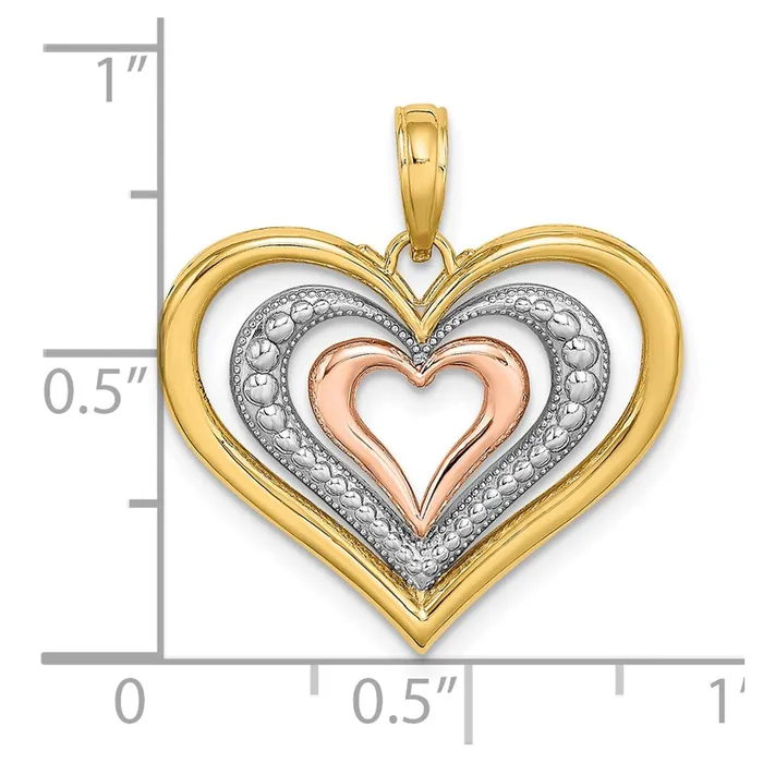 Rings 14k Twotone White Rhodium Textured and Polished Triple Hearts Charm TreasureFineJewelers