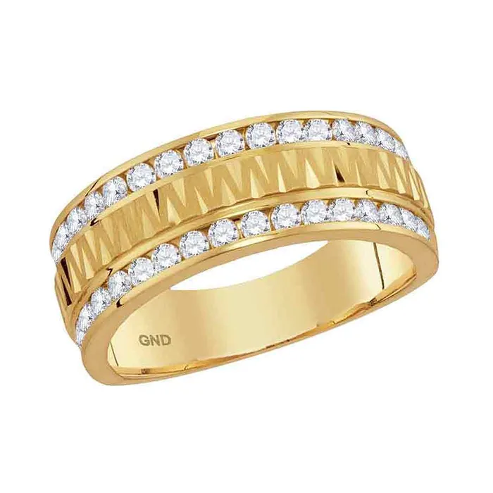 Rings 14kt yellow gold mens round channel set diamond grecco textured double row wedding band ring 100 cttw114549 North Arrow Shop Rings 14kt yellow gold mens round channel set diamond grecco textured double row wedding band ring 100 cttw114549 North Arrow Shop