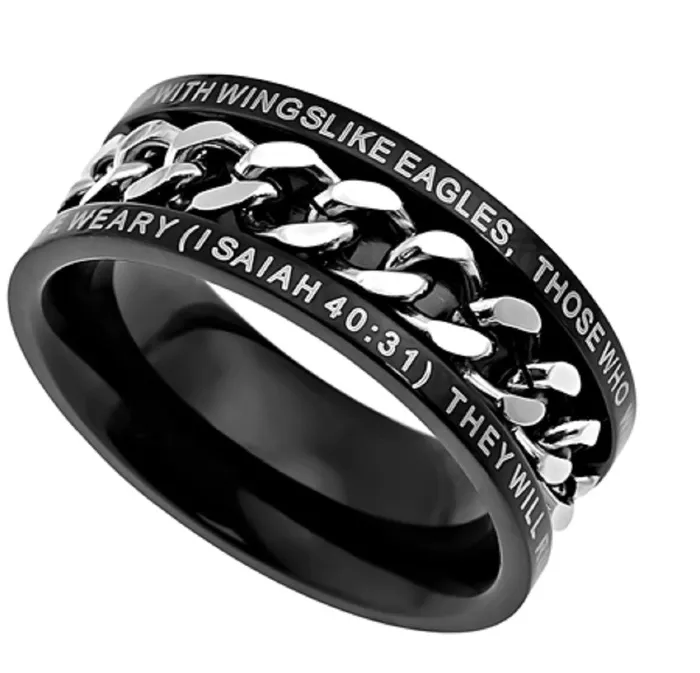 Rings North Arrow Shop Strength Isaiah 4031 Ring Black Stainless Steel Spinner Chain with Bible Verse Rings North Arrow Shop Strength Isaiah 4031 Ring Black Stainless Steel Spinner Chain with Bible Verse