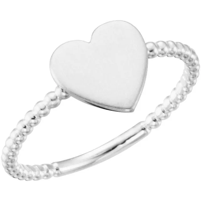 Rings TreasureFineJewelers 14K White Heart Engravable Beaded Ring