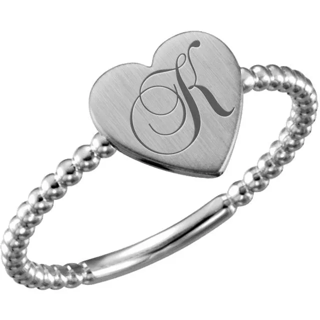 Rings TreasureFineJewelers 14K White Heart Engravable Beaded Ring
