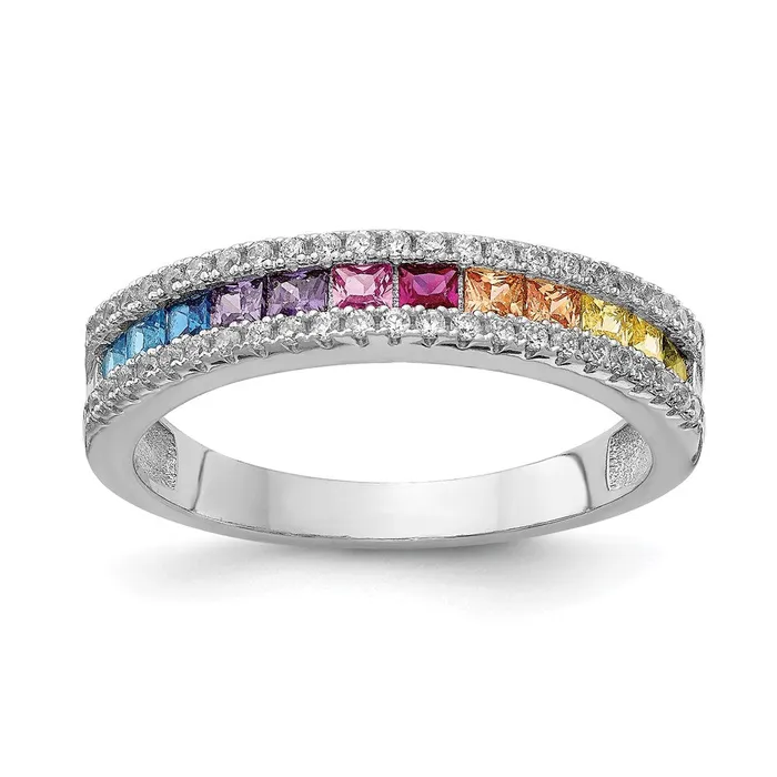 Rings TreasureFineJewelers Prizma Sterling Silver Rhodiumplated Princess White and Colorful ChannelSet CZ Ring