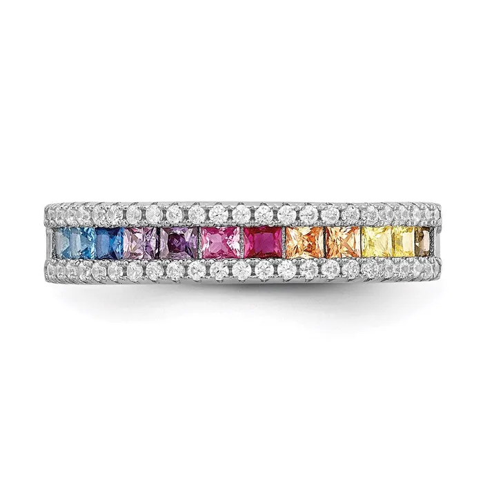 Rings TreasureFineJewelers Prizma Sterling Silver Rhodiumplated Princess White and Colorful ChannelSet CZ Ring