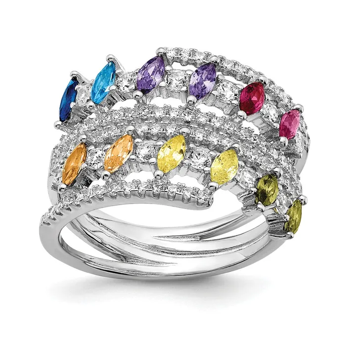 Rings TreasureFineJewelers Prizma Sterling Silver Rhodiumplated White and Colorful Double Row Marquise CZ Ring