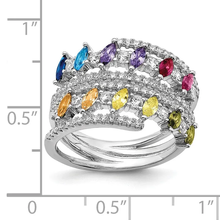 Rings TreasureFineJewelers Prizma Sterling Silver Rhodiumplated White and Colorful Double Row Marquise CZ Ring