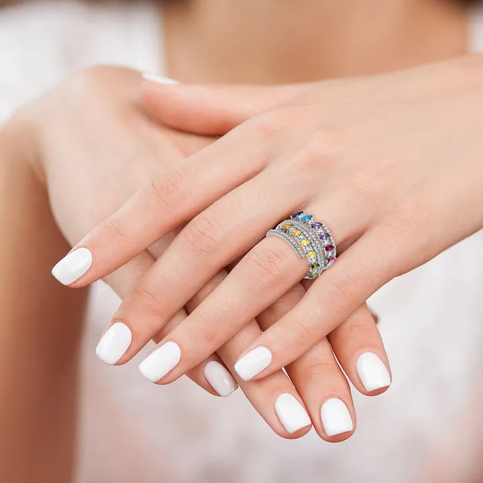 Rings TreasureFineJewelers Prizma Sterling Silver Rhodiumplated White and Colorful Double Row Marquise CZ Ring