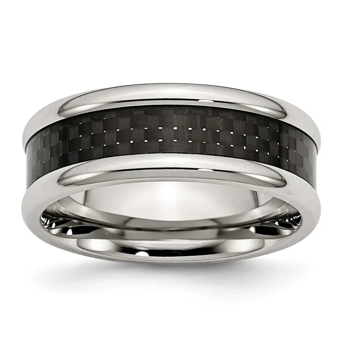 Rings TreasureFineJewelers Stainless Steel Polished w Black Carbon Fiber Inlay 8mm Band