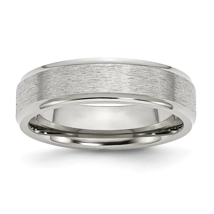 Rings TreasureFineJewelers Stainless Steel Polished wSatin Center 6mm Ridged Edge Band