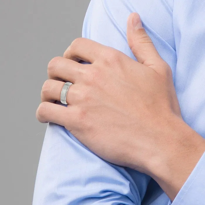 Rings TreasureFineJewelers Stainless Steel Polished wSatin Center 6mm Ridged Edge Band