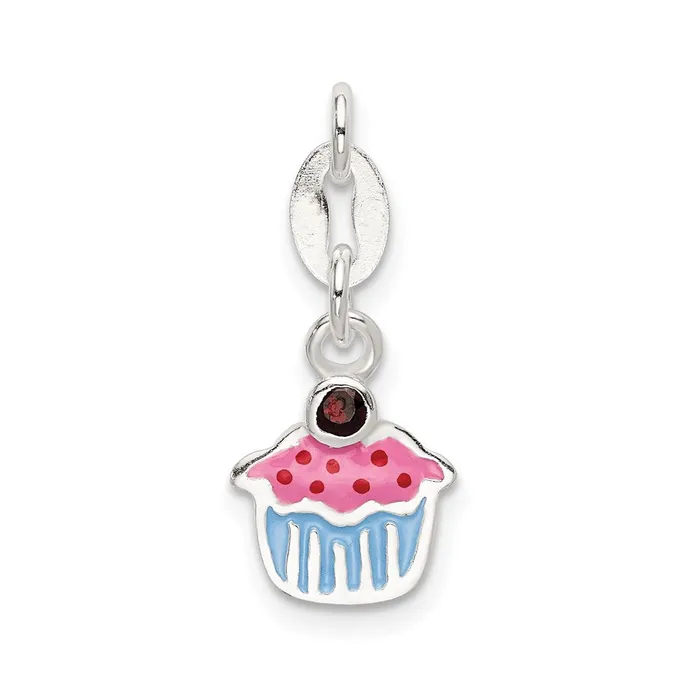 Rings TreasureFineJewelers Sterling Silver Polished and Enameled Cupcake wGarnet Charm