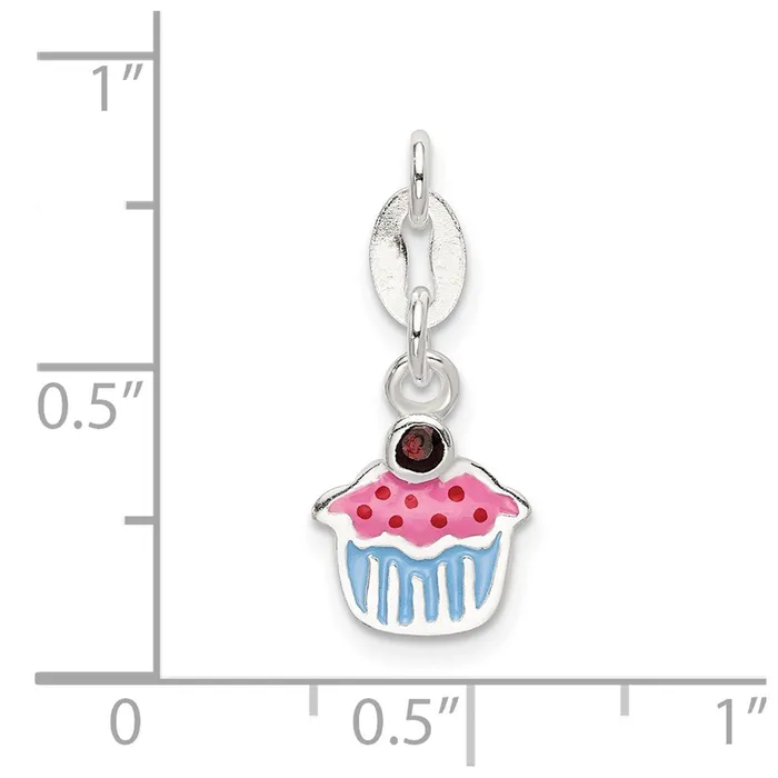 Rings TreasureFineJewelers Sterling Silver Polished and Enameled Cupcake wGarnet Charm