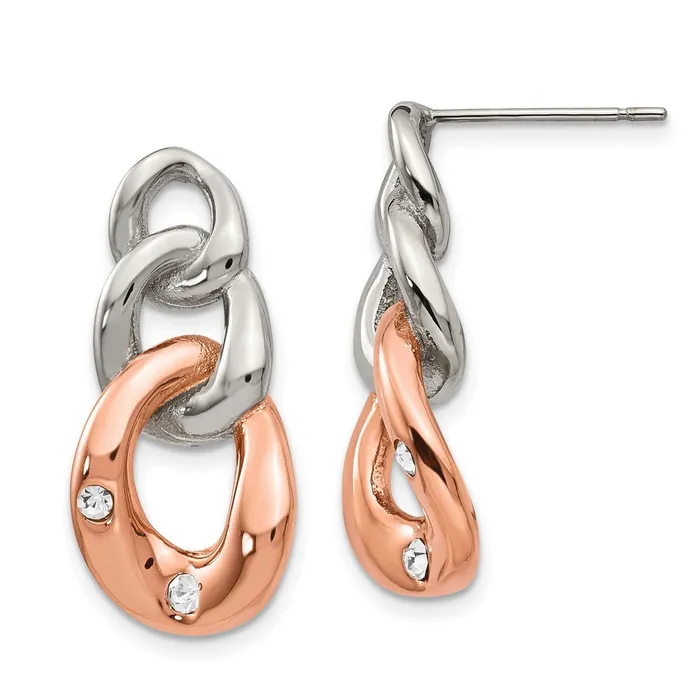 Stainless Steel Polished Rose IPplated Loop wCrystal Post Dangle Earrings TreasureFineJewelers Earrings Stainless Steel Polished Rose IPplated Loop wCrystal Post Dangle Earrings TreasureFineJewelers Earrings