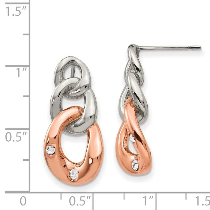 Stainless Steel Polished Rose IPplated Loop wCrystal Post Dangle Earrings TreasureFineJewelers Earrings