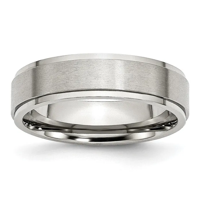 Stainless Steel Polished wBrushed Center 6mm Ridged Edge Band TreasureFineJewelers Rings