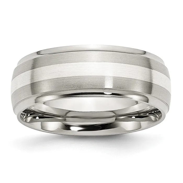 Stainless Steel Sterling Silver Inlay BrushedPolished 8mm Ridged Edge Band TreasureFineJewelers Rings