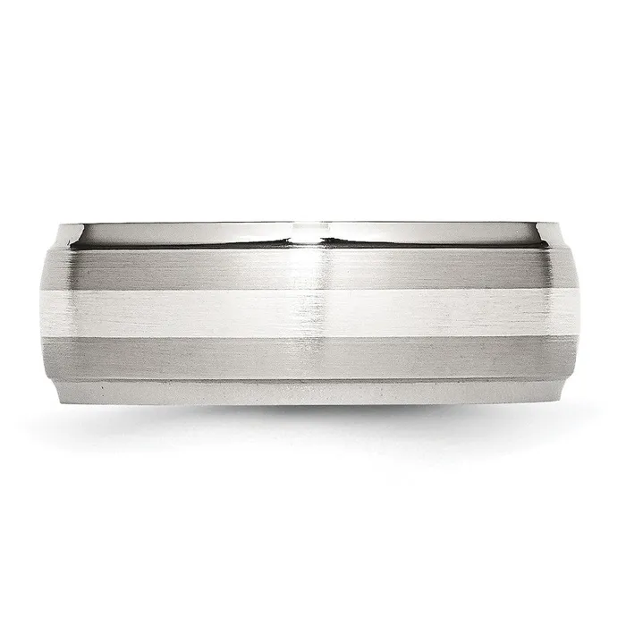 Stainless Steel Sterling Silver Inlay BrushedPolished 8mm Ridged Edge Band TreasureFineJewelers Rings