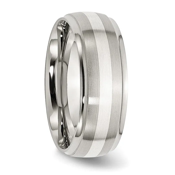 Stainless Steel Sterling Silver Inlay BrushedPolished 8mm Ridged Edge Band TreasureFineJewelers Rings