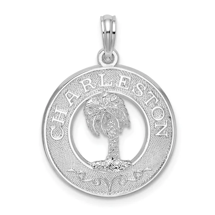 Sterling Silver Polished Charleston Circle wPalm Tree Pendant TreasureFineJewelers Necklaces Sterling Silver Polished Charleston Circle wPalm Tree Pendant TreasureFineJewelers Necklaces