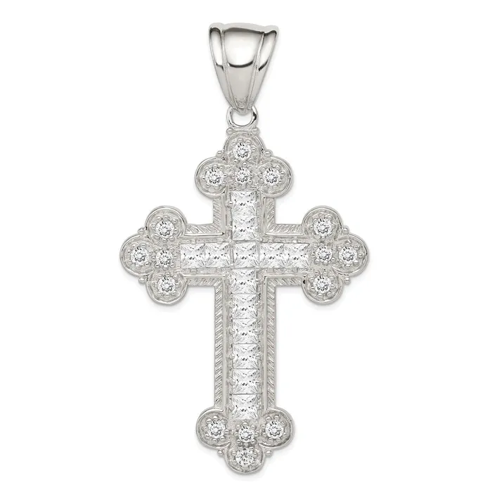 Sterling Silver Rhodiumplated CZ Budded Cross Pendant TreasureFineJewelers Necklaces Sterling Silver Rhodiumplated CZ Budded Cross Pendant TreasureFineJewelers Necklaces