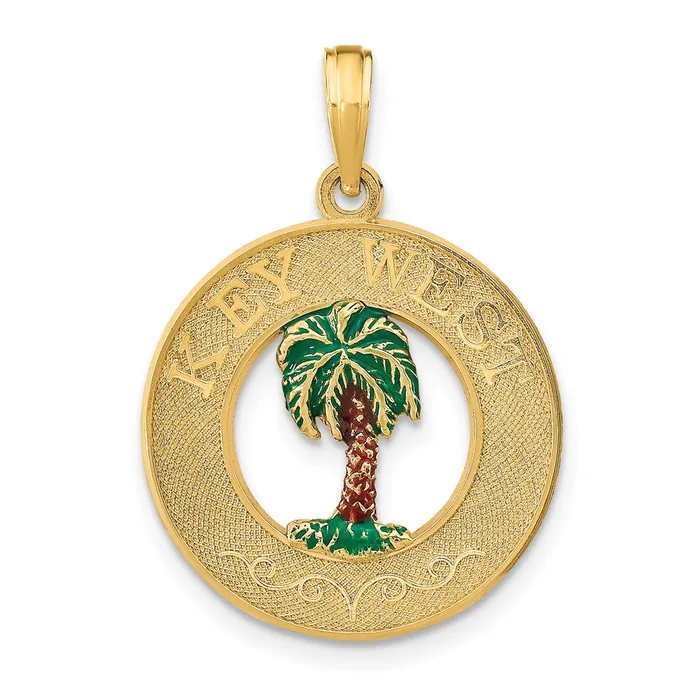 TreasureFineJewelers 14K KEY WEST Enameled Palm Tree Circle Charm Charm Necklaces TreasureFineJewelers 14K KEY WEST Enameled Palm Tree Circle Charm Charm Necklaces