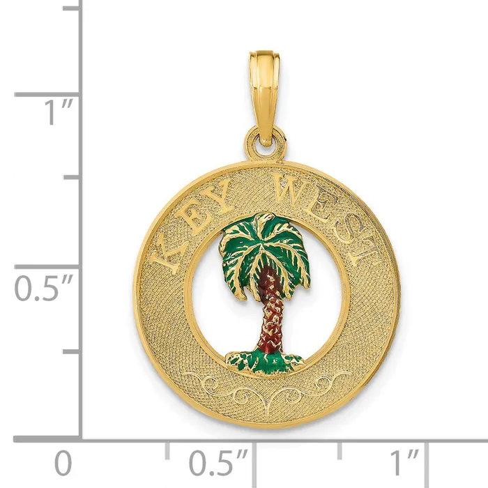 TreasureFineJewelers 14K KEY WEST Enameled Palm Tree Circle Charm Charm Necklaces