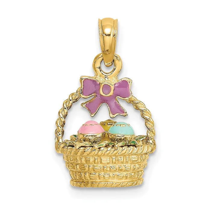 TreasureFineJewelers 14k Yellow Gold 3D Enameled Easter Basket wBow and Eggs Charm Charm Necklaces